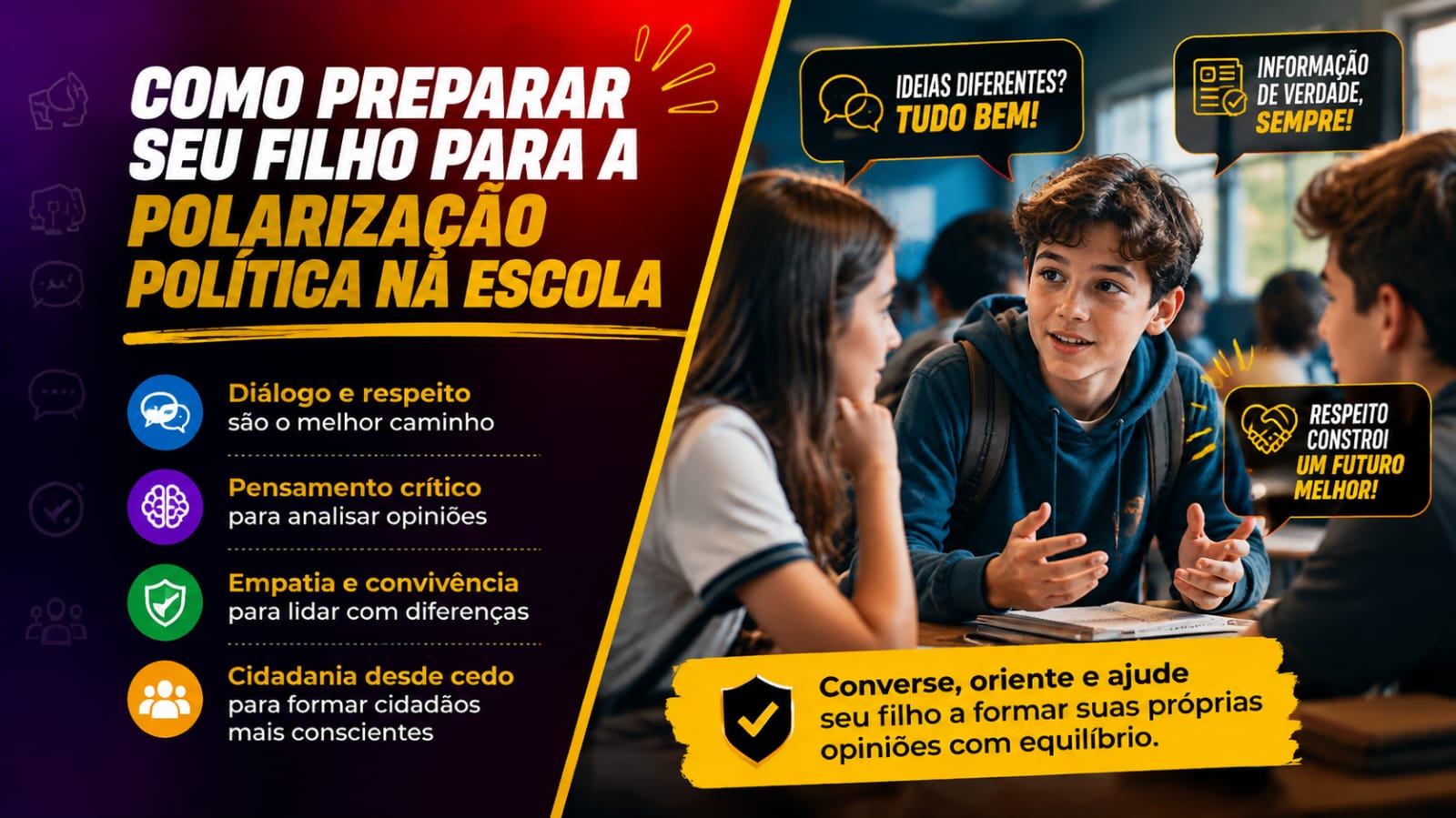 Três estudantes conversam ao redor de uma mesa em uma sala de aula, cercados por balões de texto com mensagens de respeito e diálogo. Na lateral esquerda, quatro tópicos destacam a importância da empatia, do pensamento crítico e da cidadania.