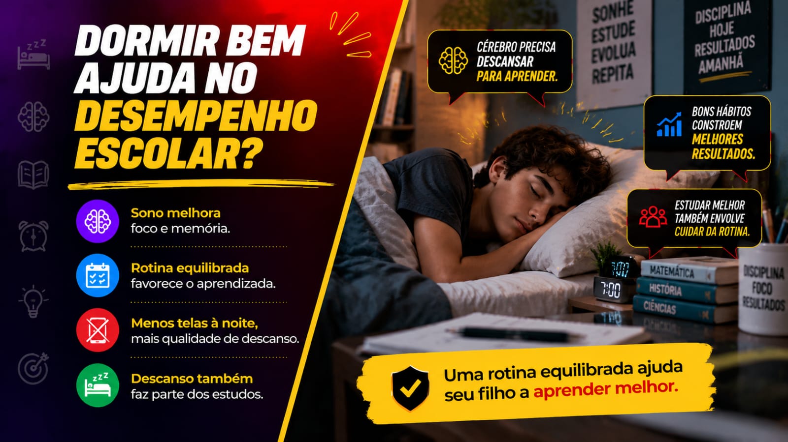 Adolescente dorme profundamente deitado sobre travesseiros em uma cama, com livros empilhados e um despertador digital na mesa de cabeceira. Balões de diálogo e quadros ao fundo trazem mensagens sobre a importância do sono e da rotina. À esquerda, um painel escuro exibe tópicos em ícones sobre os benefícios do descanso para a aprendizagem.