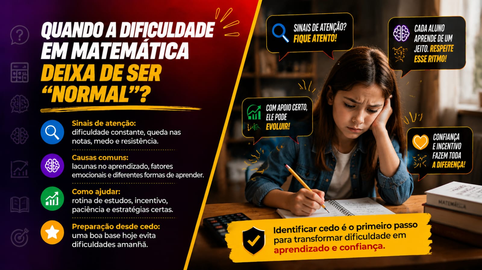 Menina sentada à mesa escrevendo em um caderno com expressão desanimada, cercada por balões de diálogo. À esquerda, tópicos em ícones indicam sinais de alerta e estratégias de apoio.
