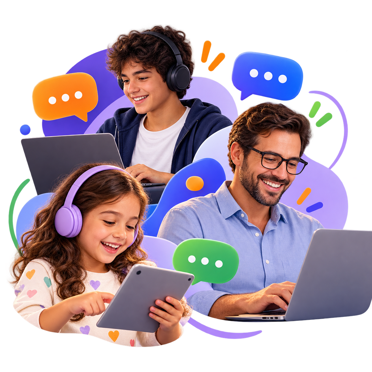 Criança, adolescente e adulto aprendendo inglês online de forma personalizada.